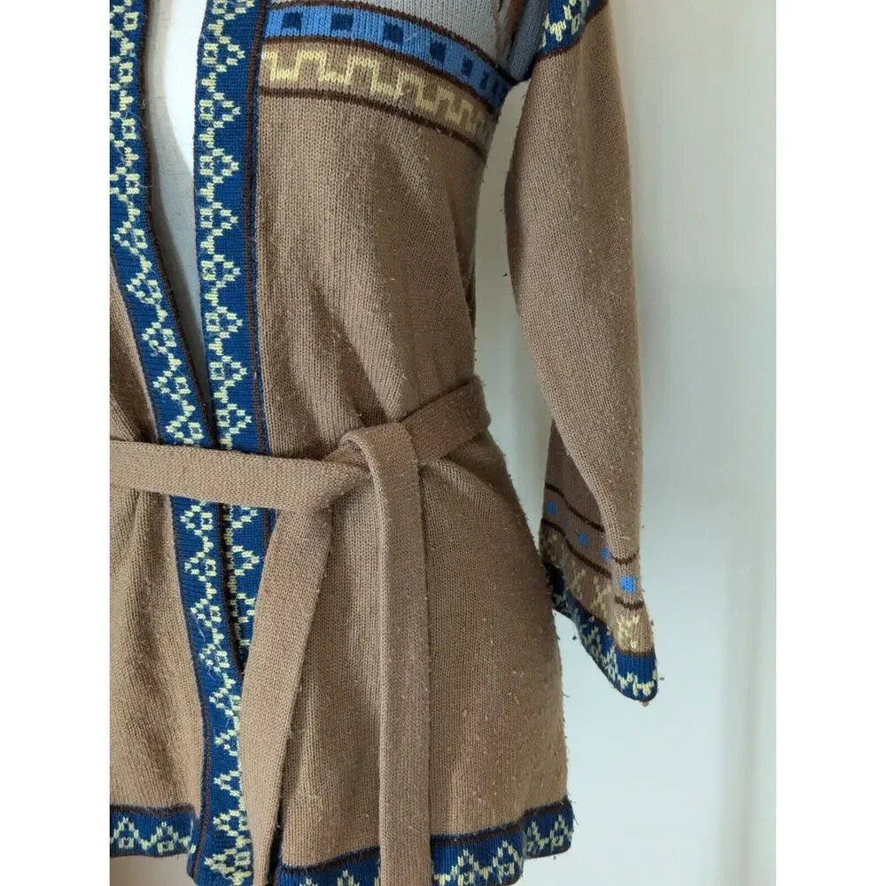 Vintage 1980s Knit Cardigan Sweater Sm Brown Open Front Wrap Belted Cottagecore